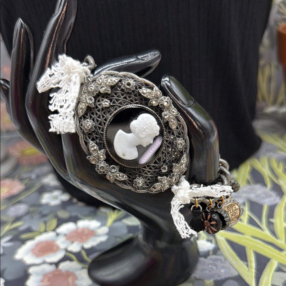 Adorned Crown Jewelry Assemblage Cameo Marcasite Charm Bracelet Be Still Know 32$